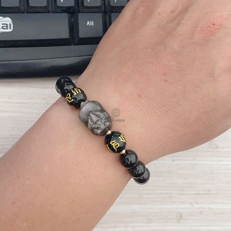 Silver Sheen Obsidian Luck Muse Bracelet with Om Mani Padme Hum Pixiu Protection - Image 7