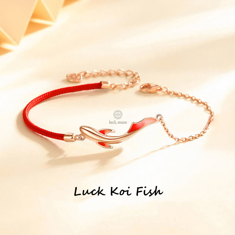 Braided Red String Bracelet with 925 Sterling Silver Luck Koi Fish and Lotus Star Embellishments