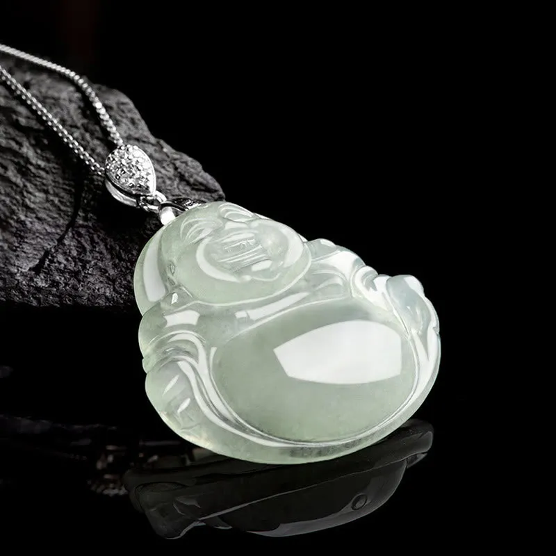 Luck Muse Laughing Buddha 925 Sterling Silver Jade Necklace Pendant for Prosperity and Abundance - Image 3