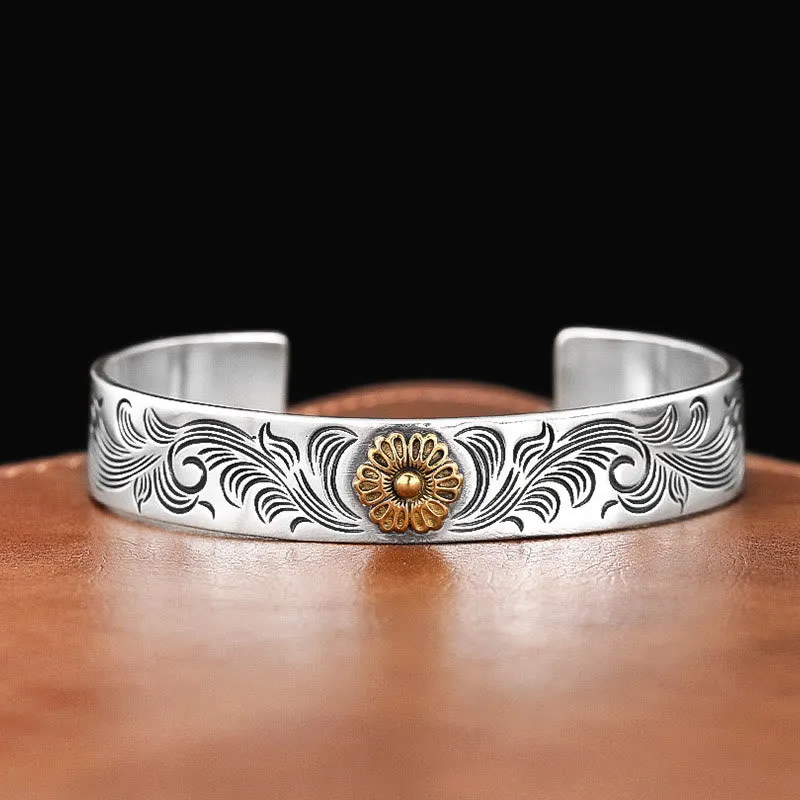 Tang Dynasty Inspired Luck Muse Floral Copper Bracelet with Feather Carving for Luck - Image 3