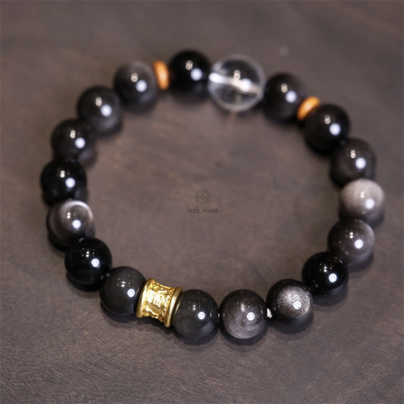 Luck Muse Silver Sheen Obsidian Om Mani Padme Hum Protection Bracelet