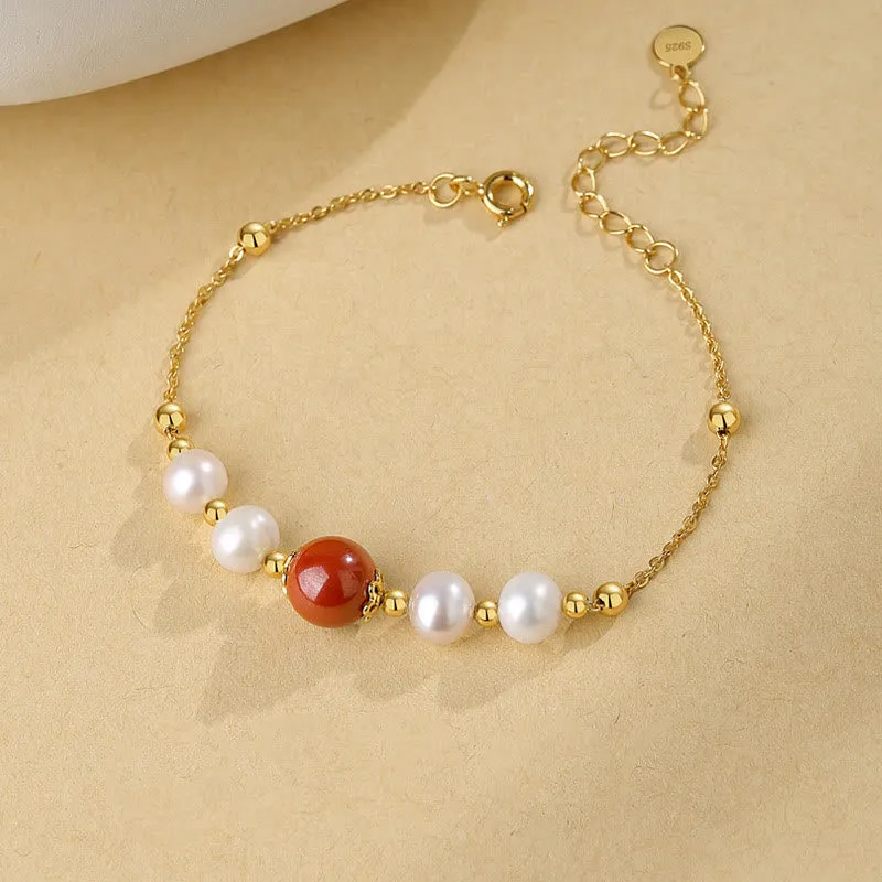 Luck Muse 925 Sterling Silver Pearl Cinnabar Healing Beaded Chain Bracelet - Image 2