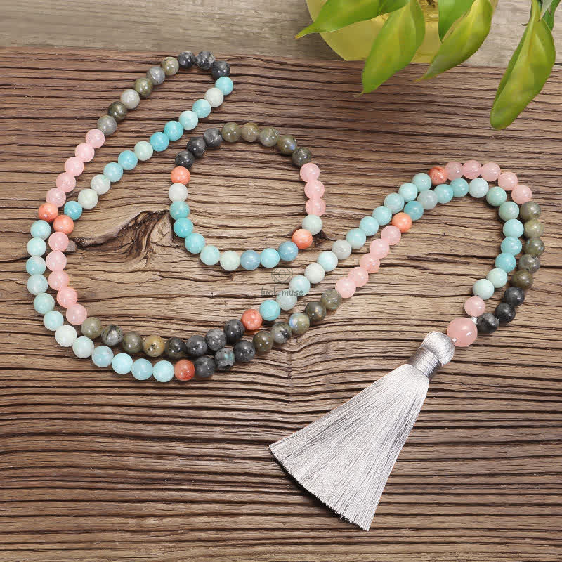 Amazonite and Black Glitter Stone 108 Mala Beads Bracelet with Positive Tassel Design - Image 5