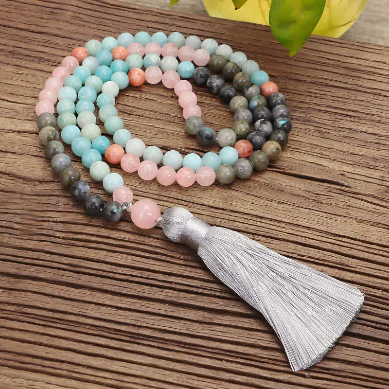 Amazonite and Black Glitter Stone 108 Mala Beads Bracelet with Positive Tassel Design - Image 16