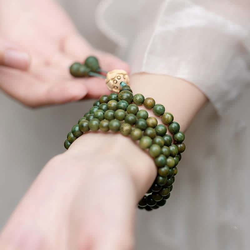 Luck Muse 108 Mala Beads Bracelet with Green Sandalwood Boxwood Lotus Design - Image 10