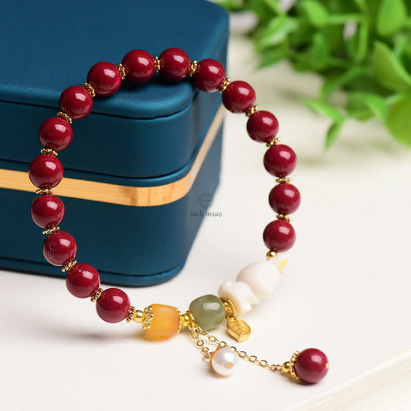 Year of the Rabbit Cinnabar Hetian Jade Bunny Beaded Bracelet with Blessings - Image 4