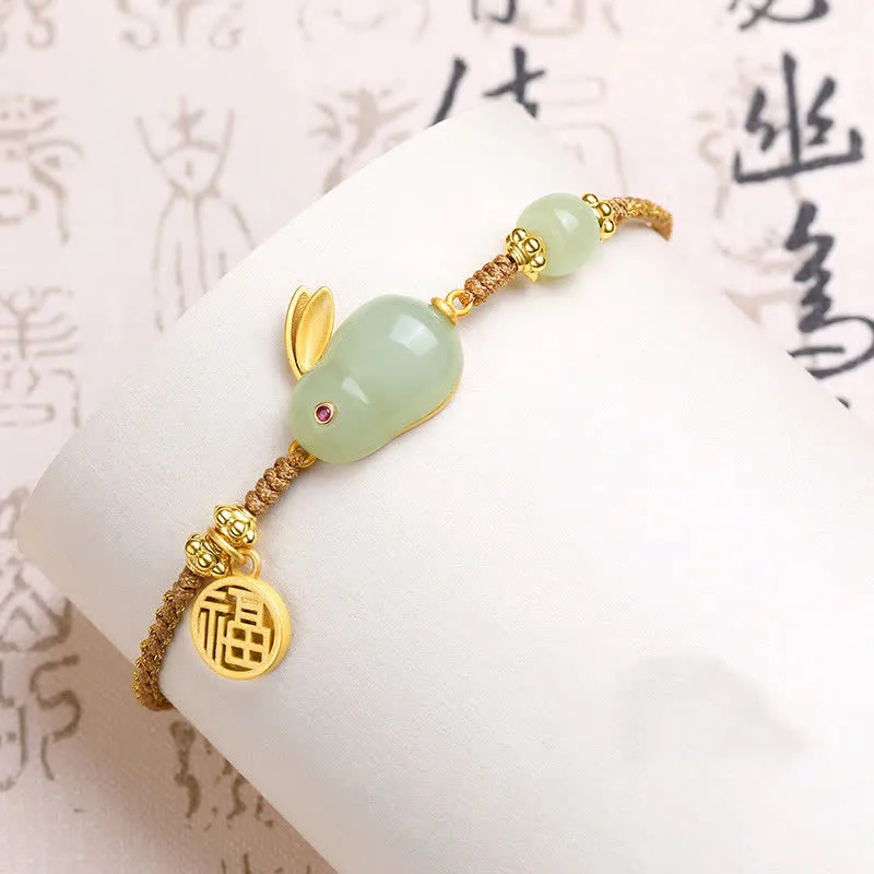 Hetian Jade Happiness Blessing Wealth Bracelet with Rabbit Year Charm - Image 2