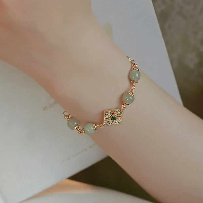Natural Hetian Jade Square Pattern Luck Chain Bracelet - Image 5