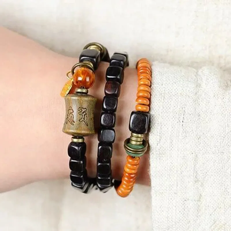 Green Sandalwood Ebony Om Mani Padme Hum Engraved Peace Triple Wrap Bracelet with Luck Muse - Image 17