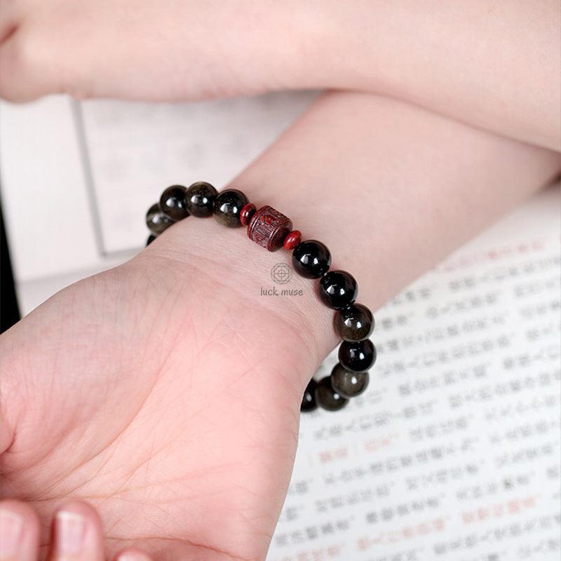 Natural Gold Sheen Obsidian Rainbow Obsidian Om Mani Padme Hum Healing Bracelet - Image 11