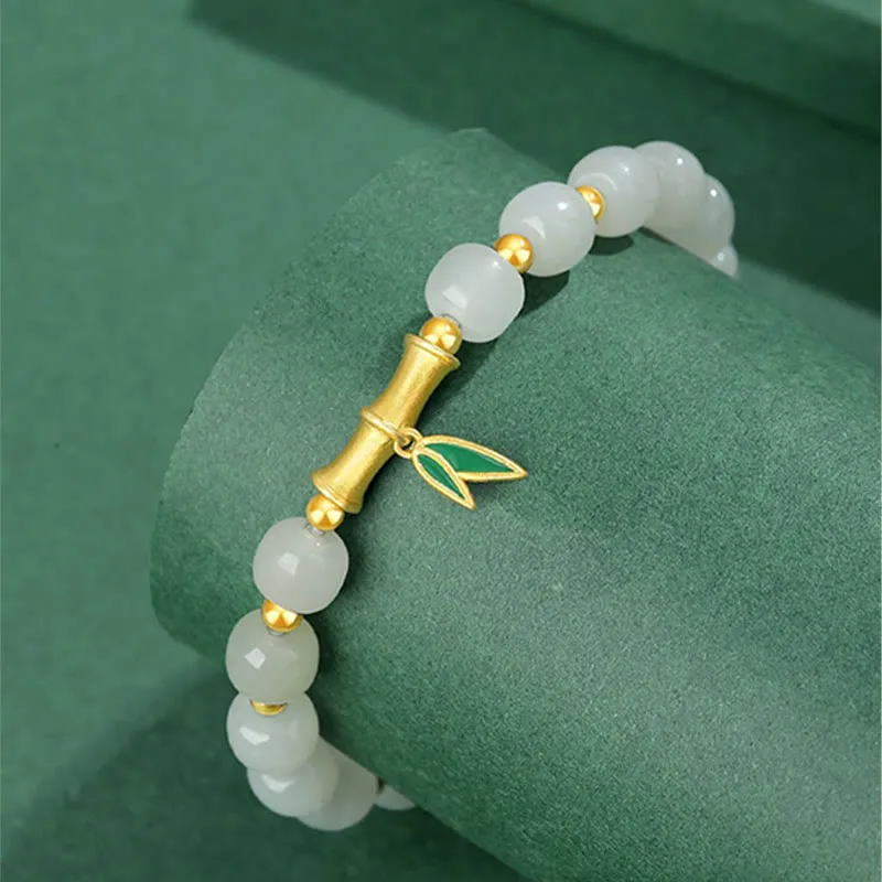 Bamboo Luck Bracelet with Hetian White Jade and 925 Sterling Silver Accents - Image 4