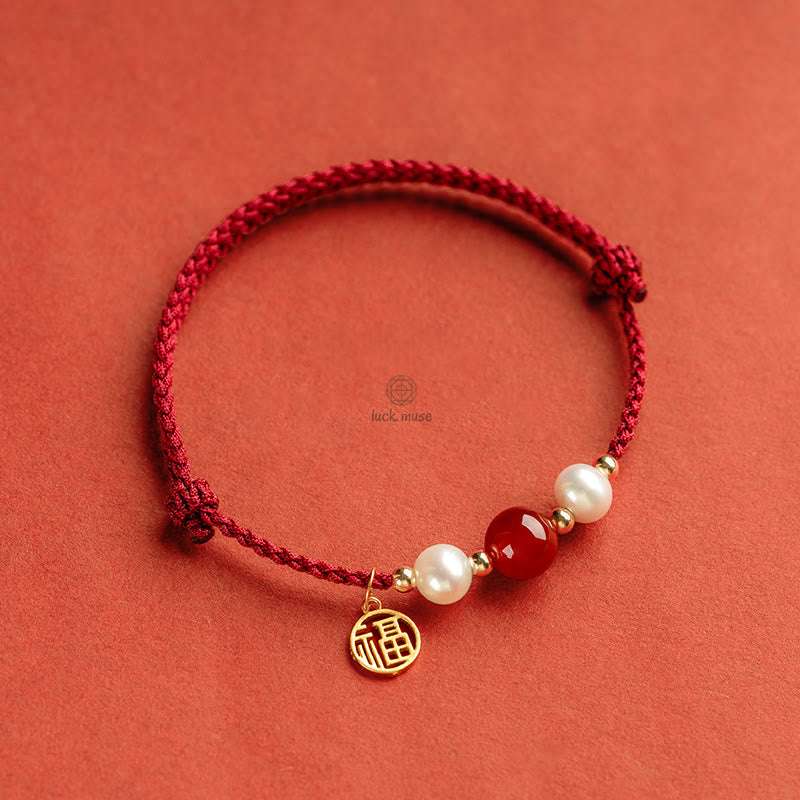 Luck Muse 925 Sterling Silver Fu Character Agate Pearl Red String Braid Bracelet - Image 16