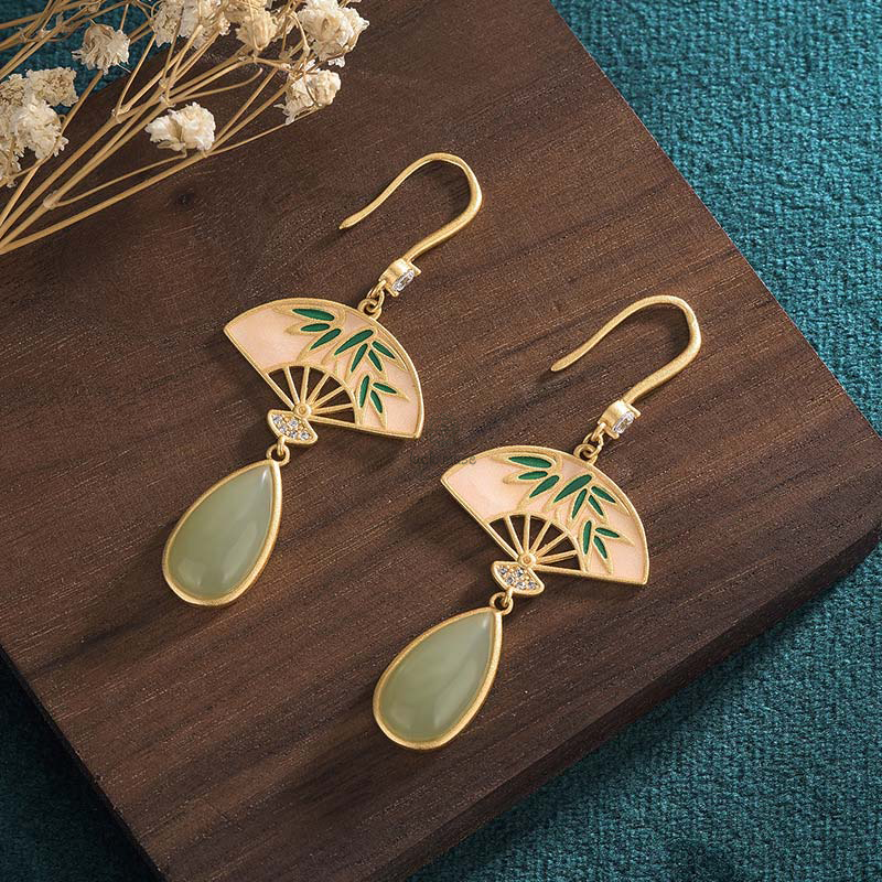 Natural Green Aventurine Fan Pattern Drop Earrings for Luck