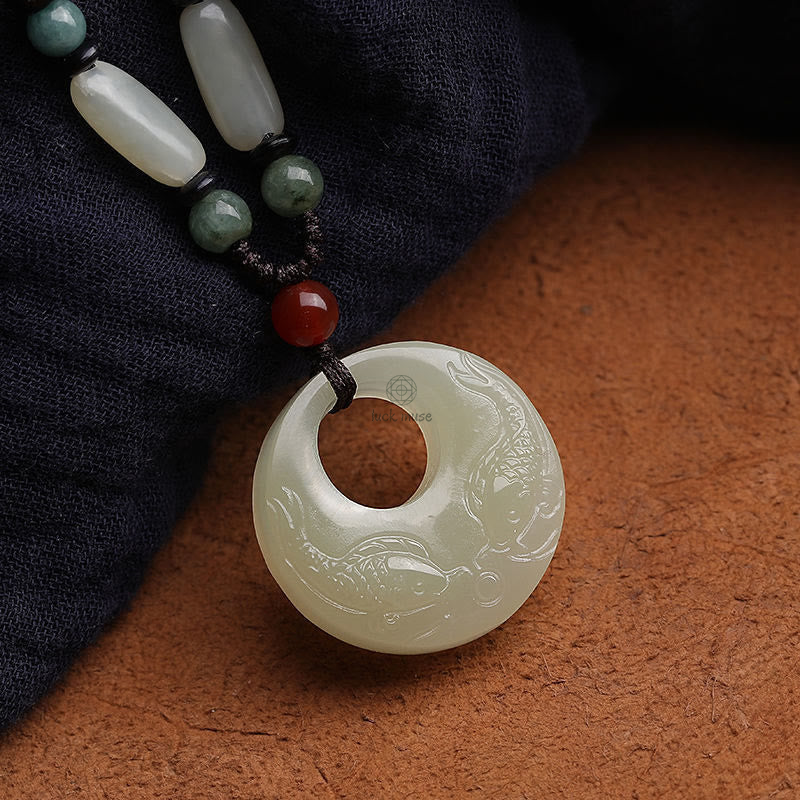 White Jade Double Koi Fish Carved Luck Muse Necklace for Prosperity and Success - Image 5