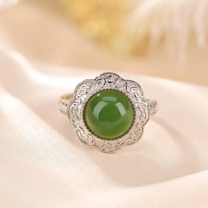 Luck Muse 925 Sterling Silver Hetian Cyan Jade Floral Luck Ring - Image 3
