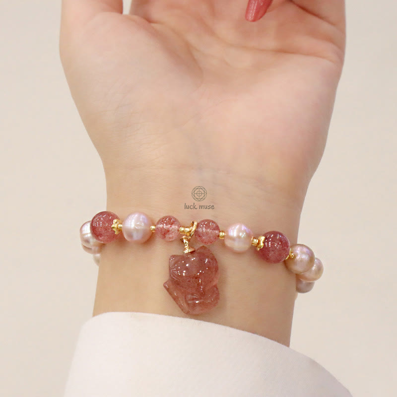 Natural Pearl Strawberry Quartz Love Healing Bracelet with Cute Fox Charm - Image 7