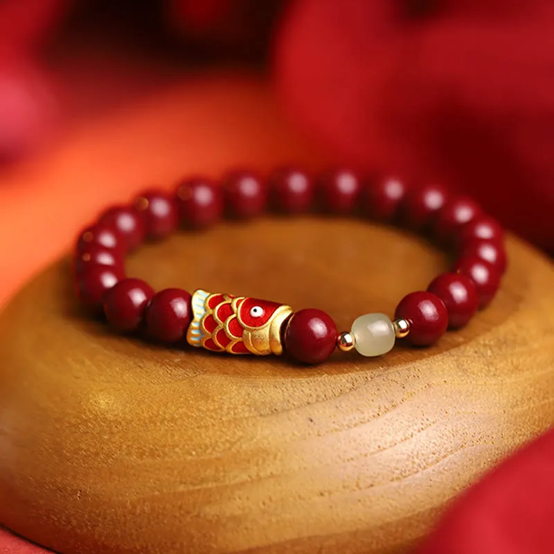 Lucky Koi Fish Blessing Bracelet with Natural Cinnabar and Hetian Jade Beads by Luck Muse Shop - Image 3