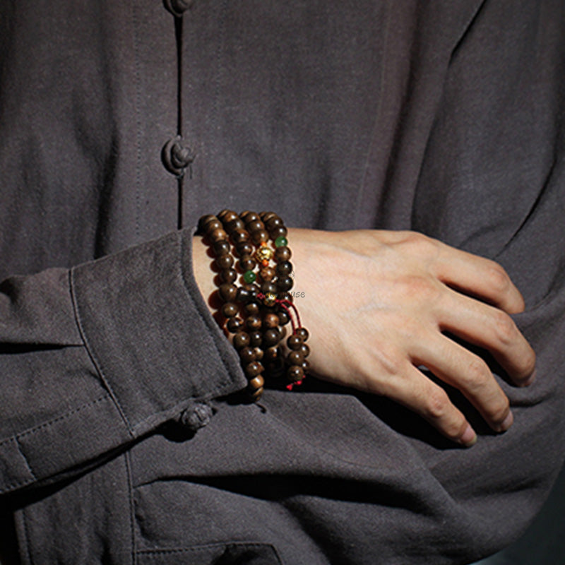 Luck Muse 999 Gold 108 Mala Beads Agarwood Cyan Jade Six Words Strength Bracelet - Image 8