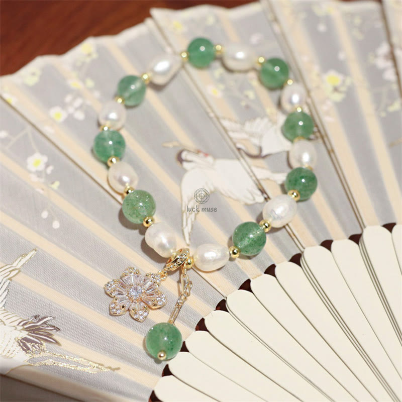 Natural Green Strawberry Quartz Pearl Flower Charm Bracelet - Image 10