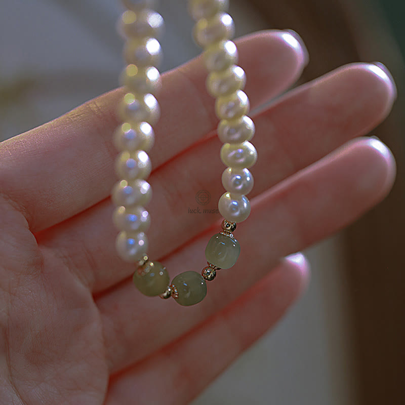Luck Muse 14K Gold Plated Sincerity Bead Chain Bracelet with Natural Pearl, Hetian Cyan Jade, and White Jade - Image 2