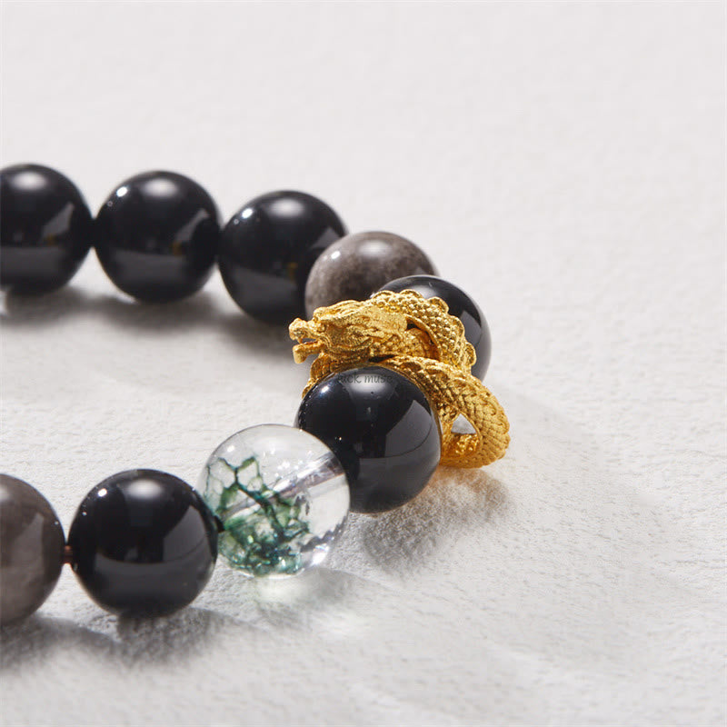 Luck Muse Natural Silver Sheen Obsidian Dragon Green Ghost Protection Bracelet - Image 9