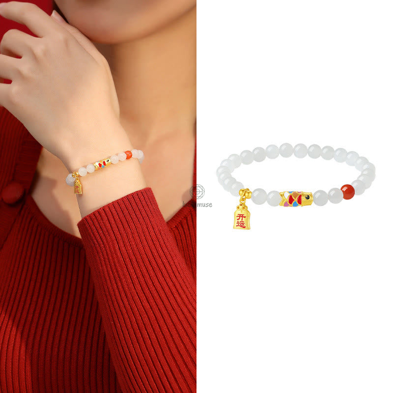 Hetian White Jade and Red Agate Koi Fish Luck Bracelet in 925 Sterling Silver - Image 10