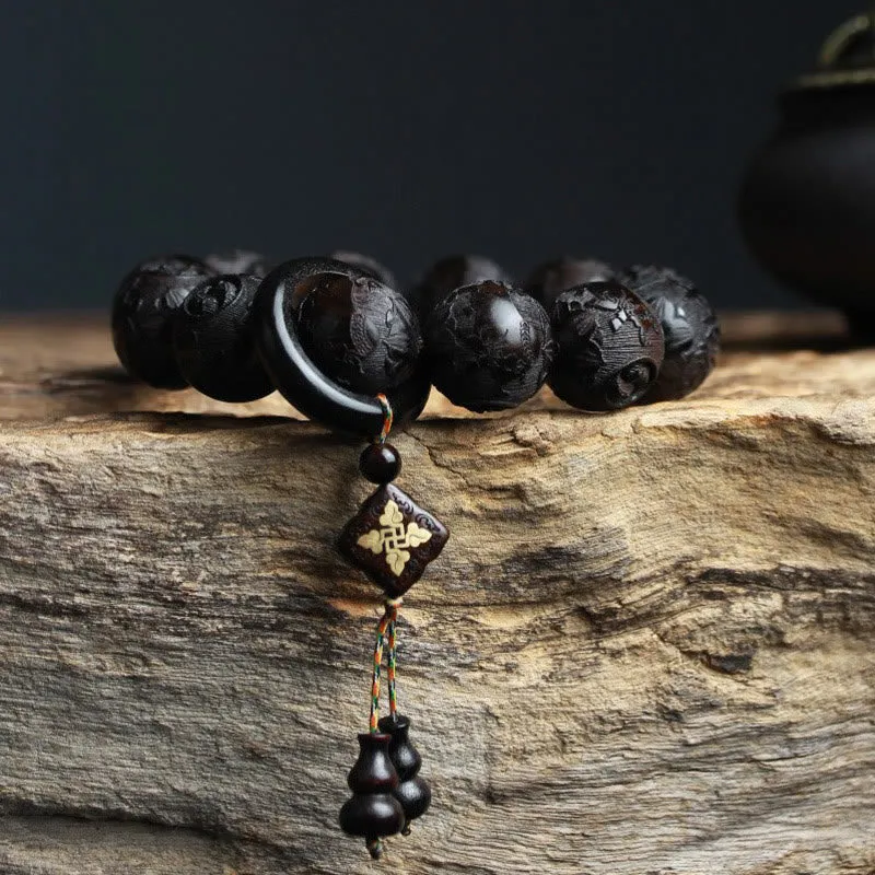 Yin Yang Engraved Ebony Wood Gourd Bracelet with Chinese Characters - Image 3