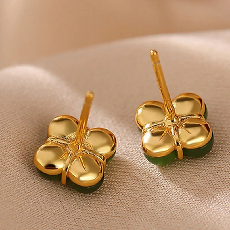 Luck Muse Gold-Plated 925 Sterling Silver Cyan Jade Clover Stud Earrings for Good Luck - Image 5