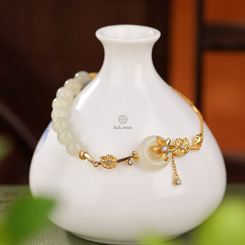 Luck Muse 925 Sterling Silver Hetian Jade Lotus Luck Chain Bracelet - Image 3