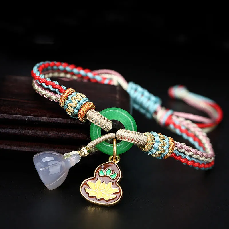 Colorful Rope Chalcedony Luck Muse Bracelet with Lotus Jade Peace Charm