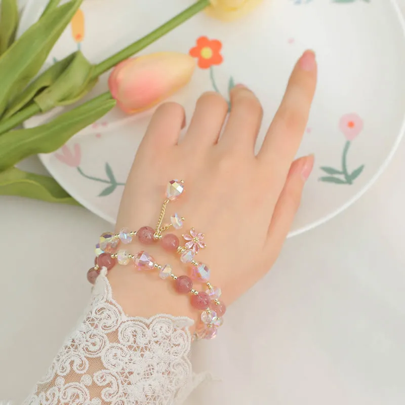 Luck Muse Strawberry Quartz and Zircon Floral Healing Double Wrap Bracelet - Image 4