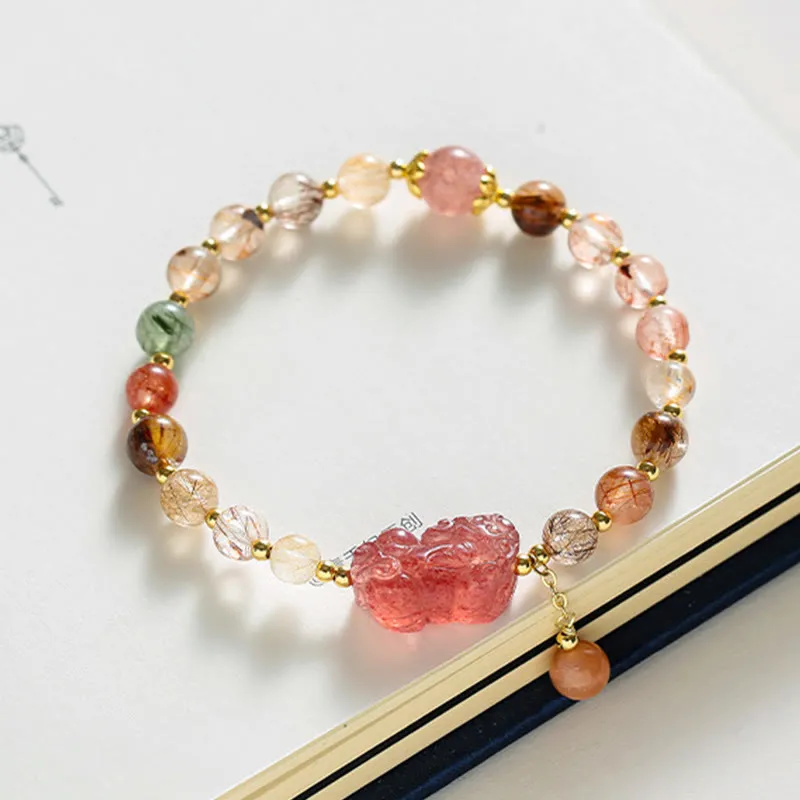 Natural Rutilated Quartz and Strawberry Quartz Wealth Bracelet with Pi Xiu - Image 3
