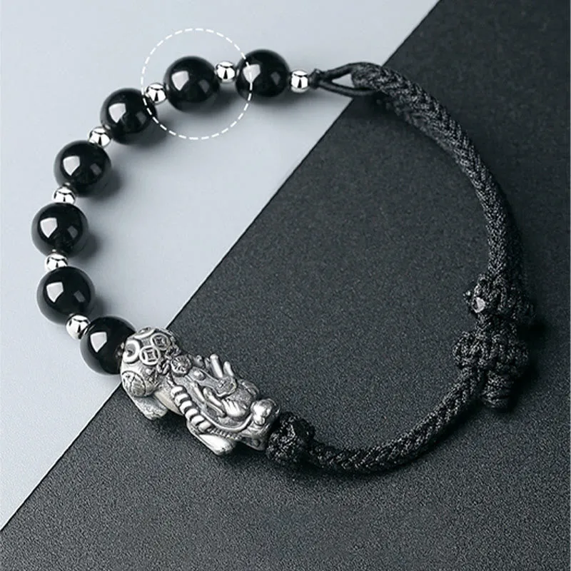 Luck Muse 999 Sterling Silver Feng Shui Pixiu Natural Black Obsidian Bracelet - Image 10