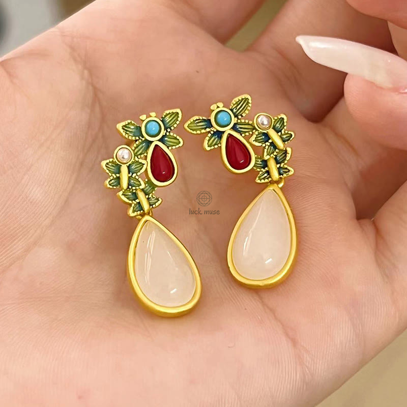 White Jade Red Agate Butterfly Protection Drop Earrings with Luck Muse - Image 11