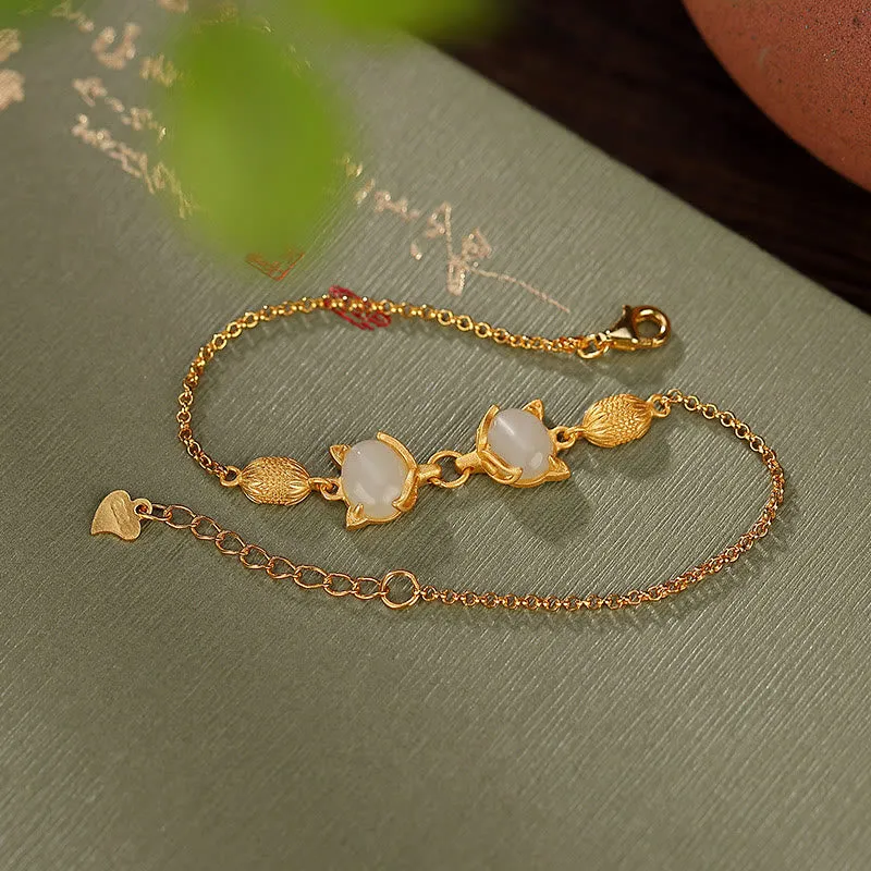 Luck Muse 925 Sterling Silver Hetian White and Cyan Jade Fox Luck Bracelet - Image 9