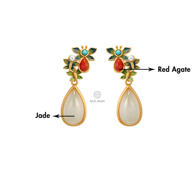 White Jade Red Agate Butterfly Protection Drop Earrings with Luck Muse - Image 14