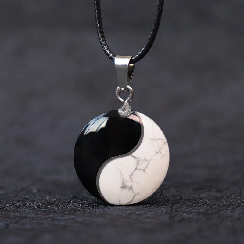 Natural Black Obsidian and White Turquoise Yin Yang Transformation Necklace Pendant