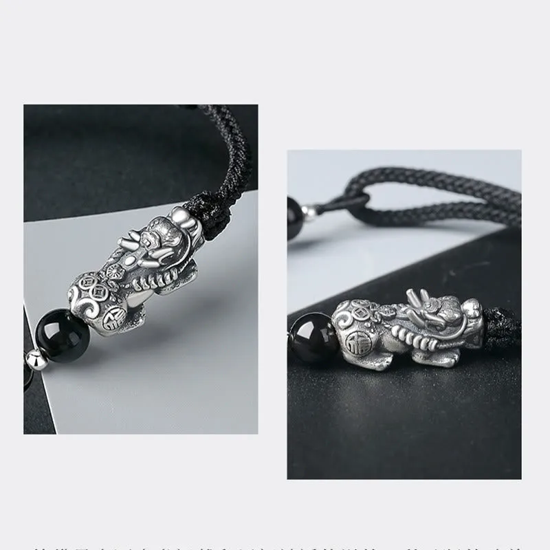 Luck Muse 999 Sterling Silver Feng Shui Pixiu Natural Black Obsidian Bracelet - Image 6