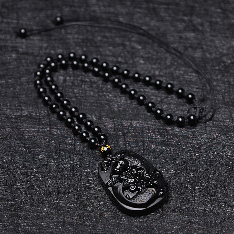 Natural Black Obsidian Koi Fish Lotus Strength Beaded Necklace - Image 7