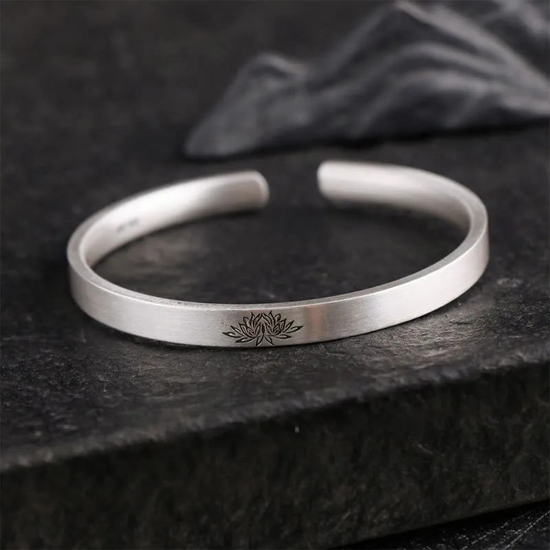 999 Sterling Silver Om Mani Padme Hum Lotus Engraved Peace Bracelet Bangle - Image 9
