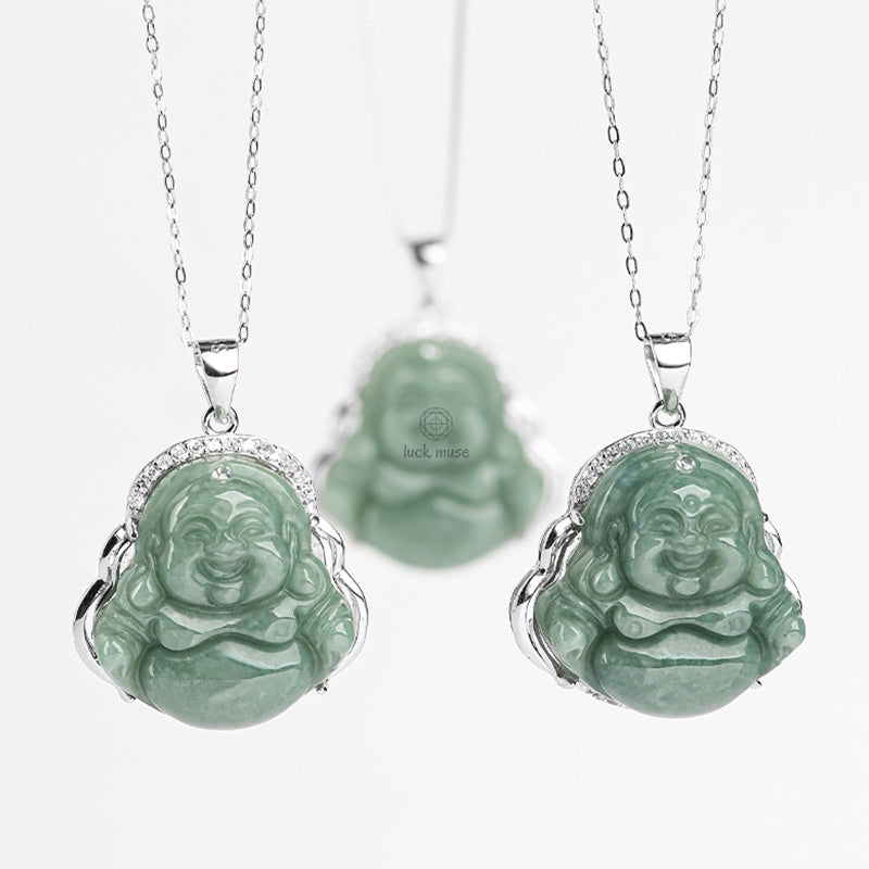 925 Sterling Silver Laughing Buddha Jade Abundance Necklace Pendant - Image 11