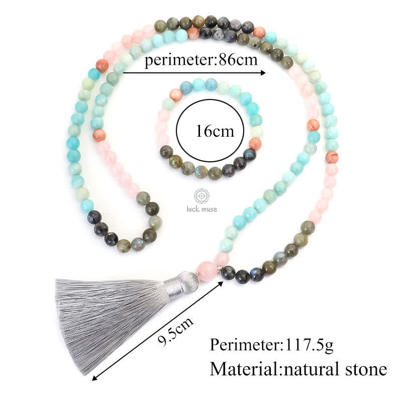 Amazonite and Black Glitter Stone 108 Mala Beads Bracelet with Positive Tassel Design - Image 23