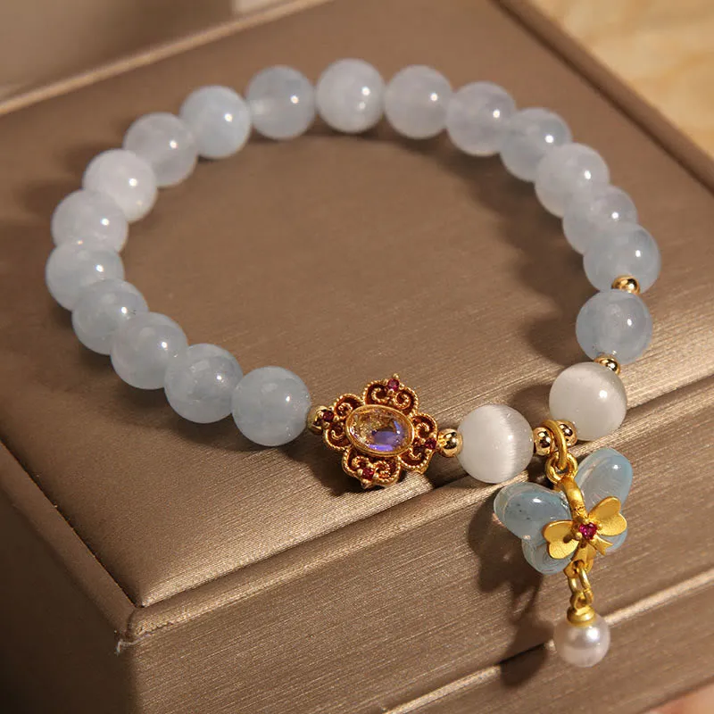 Luck Muse Aquamarine Cat's Eye Butterfly Pearl Healing Charm Bracelet - Image 2
