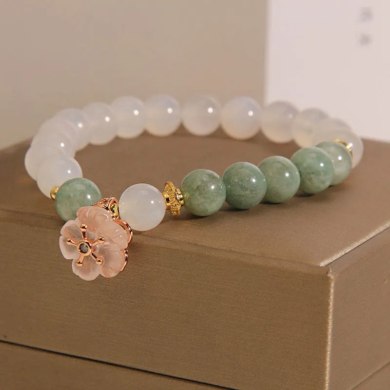 White Agate and Jade Flower Charm Bracelet for Luck and Protection - Image 3