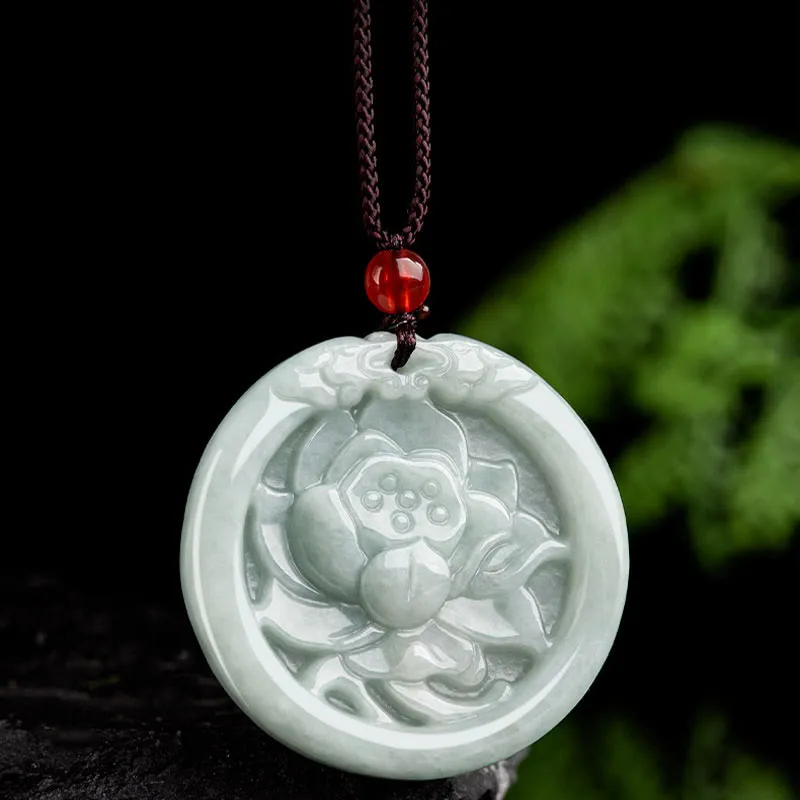 Natural Jade Lotus Flower Carved Necklace Pendant - Image 4