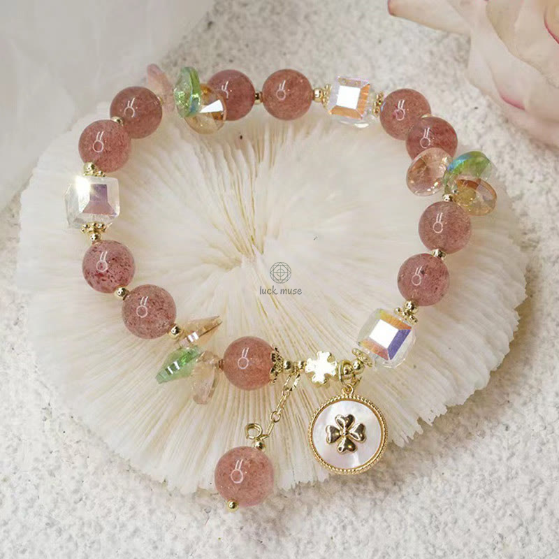 Luck Muse Strawberry Quartz Four Leaf Clover Bracelet with Healing Charm - Image 10