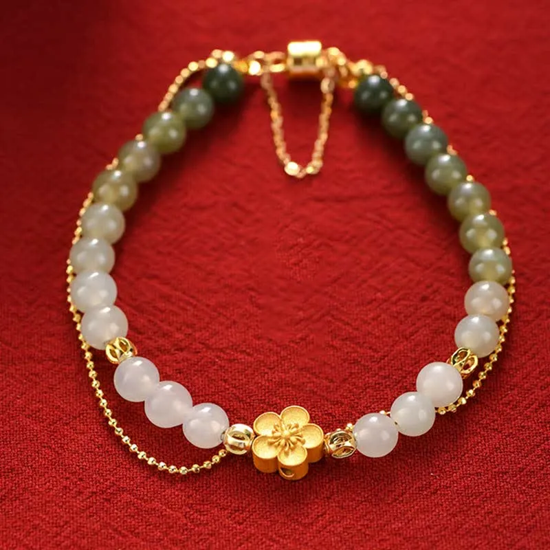 Luck Muse 925 Sterling Silver Hetian Jade Peach Blossom Luck Chain Bracelet