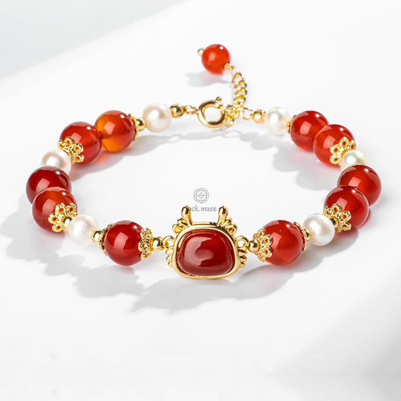Luck Muse Year of the Dragon 14K Gold-Plated Red Agate Pearl Fu Character Chain Bracelet