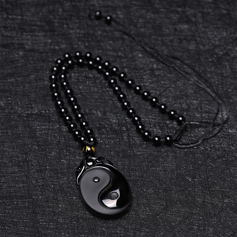 Natural Black Obsidian Yin Yang Fulfillment Strength Necklace - Image 7