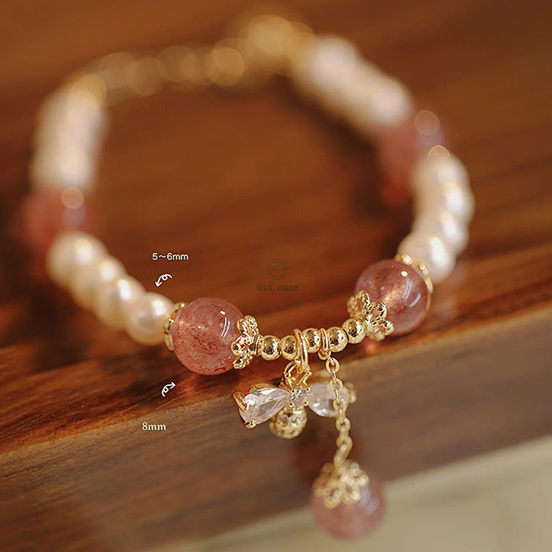 Natural Strawberry Quartz and Pearl Healing Bracelet with Honey Bee Charm - Image 8
